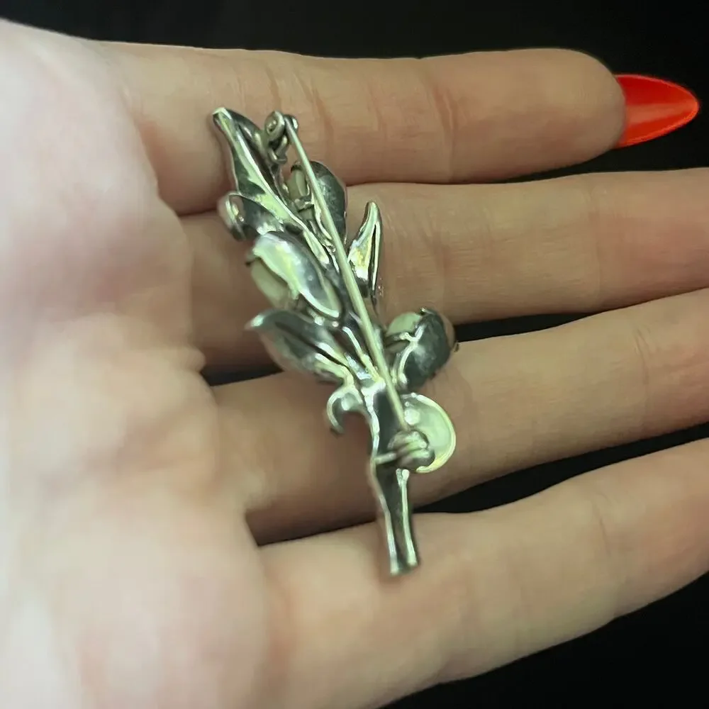 Vtg Estate Mother of Pearl 925 Sterling Silver and Marcasite Flower Brooch Pin